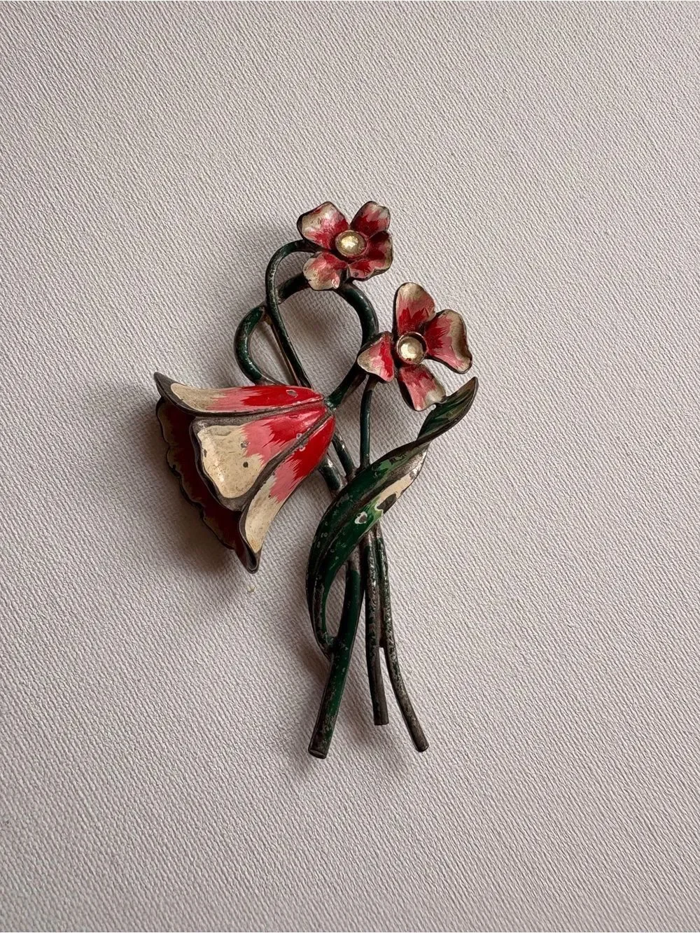 Vintage Floral Enamel Bouquet Brooch Red Green Flower Pin Retro Statement Pin